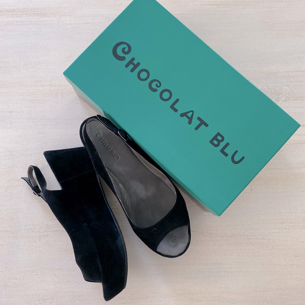 Chocolat Blu Sophia black suede platform wedges 8